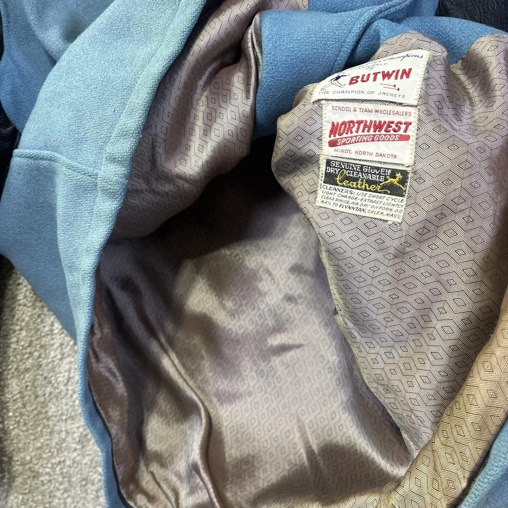 Vintage‎ Butwin Jacket Mens 44 Blue Leather Varsity Softball 1968 North Dakota